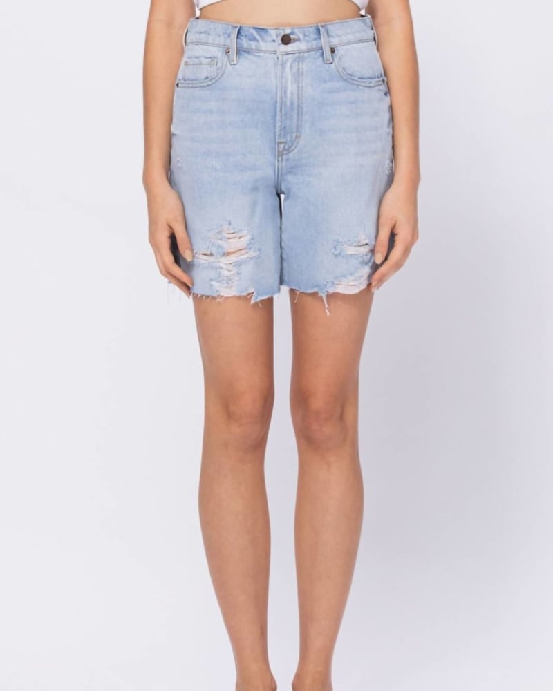 Front of a model wearing a size L Logan Dad Shorts In Light Blue in Light Blue by HIDDEN. | dia_product_style_image_id:360062